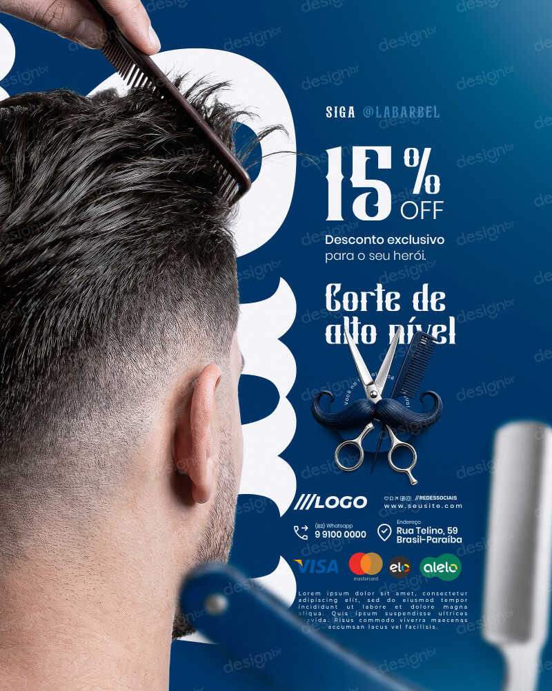 Desconto Exclusivo 15% OFF Barbearia Dia dos Pais Social Media PSD Editável Desconto Exclusivo 15% OFF Barbearia Dia dos Pais Social Media PSD Editável - Coleção - Oferta Pais; Dia Pais; Papai; Barb...