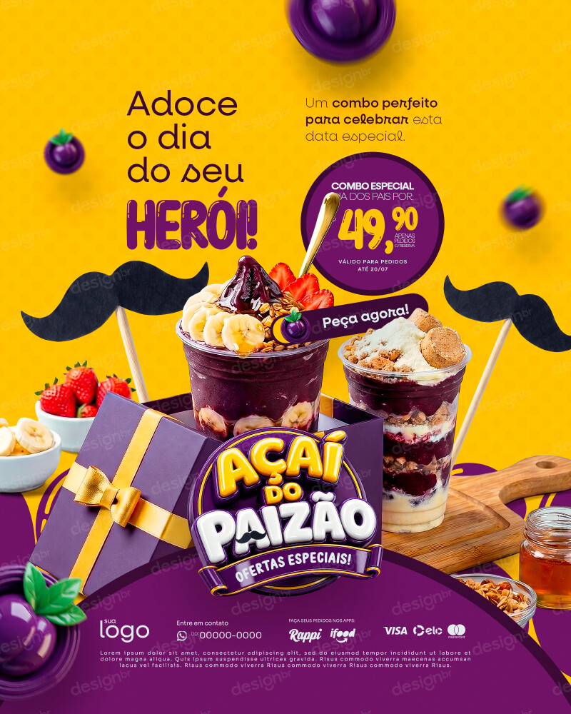 Açaí do Paizão Açaíteria Dia dos Pais Social Media PSD Editável Açaí do Paizão Açaíteria Dia dos Pais Social Media PSD Editável - Coleção - Açaiteria; Açaí; Açaí Natural; Açaí Puro; Sorv...