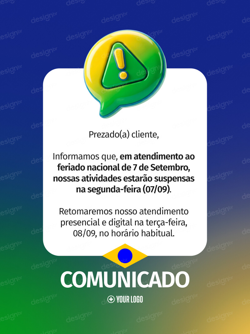 Comunicado de Suspensão 7 de Setembro Social Media PSD Editável Comunicado de Suspensão 7 de Setembro Social Media PSD Editável - Social Media - Comunicado; Aviso; Independencia Brasil; ...