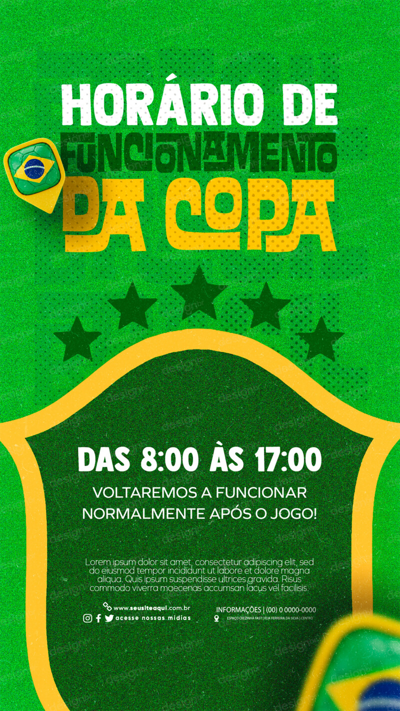 Horário de Funcionamento nos Jogos da Copa Social Media Story PSD Editável Horário de Funcionamento nos Jogos da Copa Social Media Story PSD Editável - Social Media - Copa Mundo; Brasil; Futebol; S...