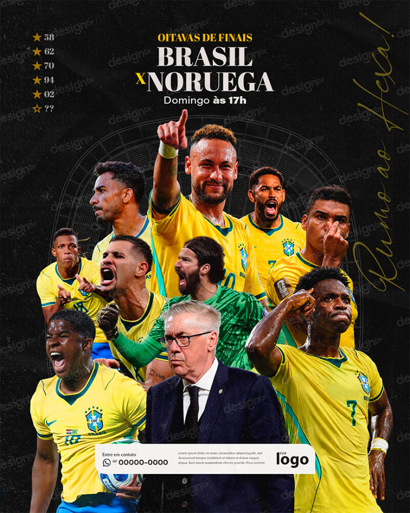 Brasil x Noruega Oitavas Copa do Mundo PSD Editável Brasil x Noruega Oitavas Copa do Mundo PSD Editável - Flyers - Copa Mundo; Brasil; Futebol; Seleção Brasileira...