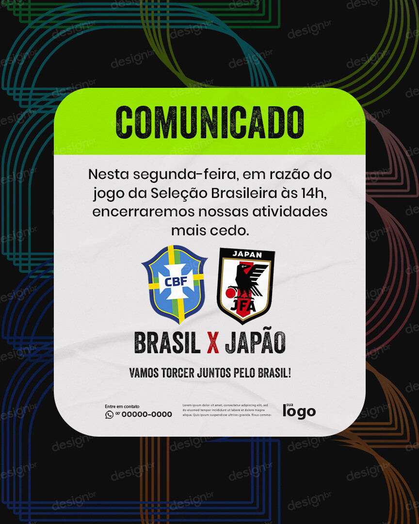 Comunicado da Copa do Mundo Brasil x Japão Social Media PSD Editável Comunicado da Copa do Mundo Brasil x Japão Social Media PSD Editável - Flyers - Comunicado; Copa Mundo; Brasil; Futebol; S...
