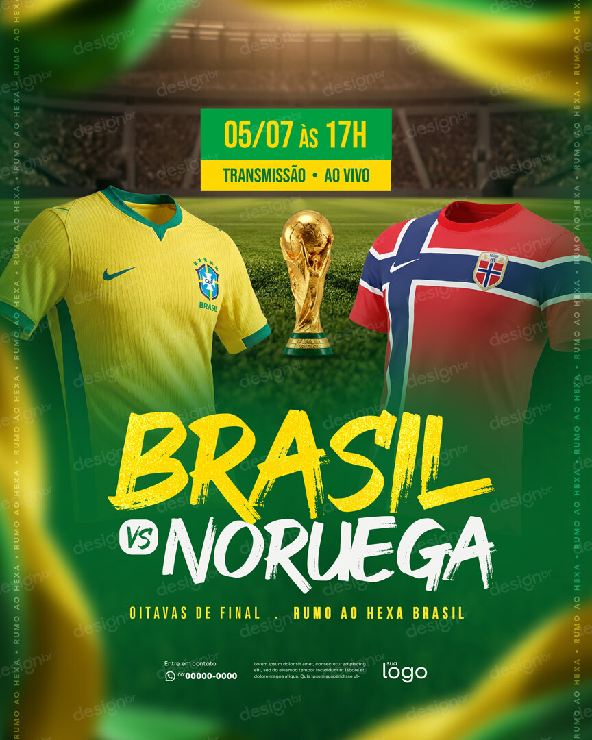 Hoje é dia de Jogo Transmissão Ao Vivo Copa do Mundo Oitavas de Final Brasil x Noruega Flyer PSD Editável Hoje é dia de Jogo Transmissão Ao Vivo Copa do Mundo Oitavas de Final Brasil x Noruega Flyer PSD Editável - Social Media -...