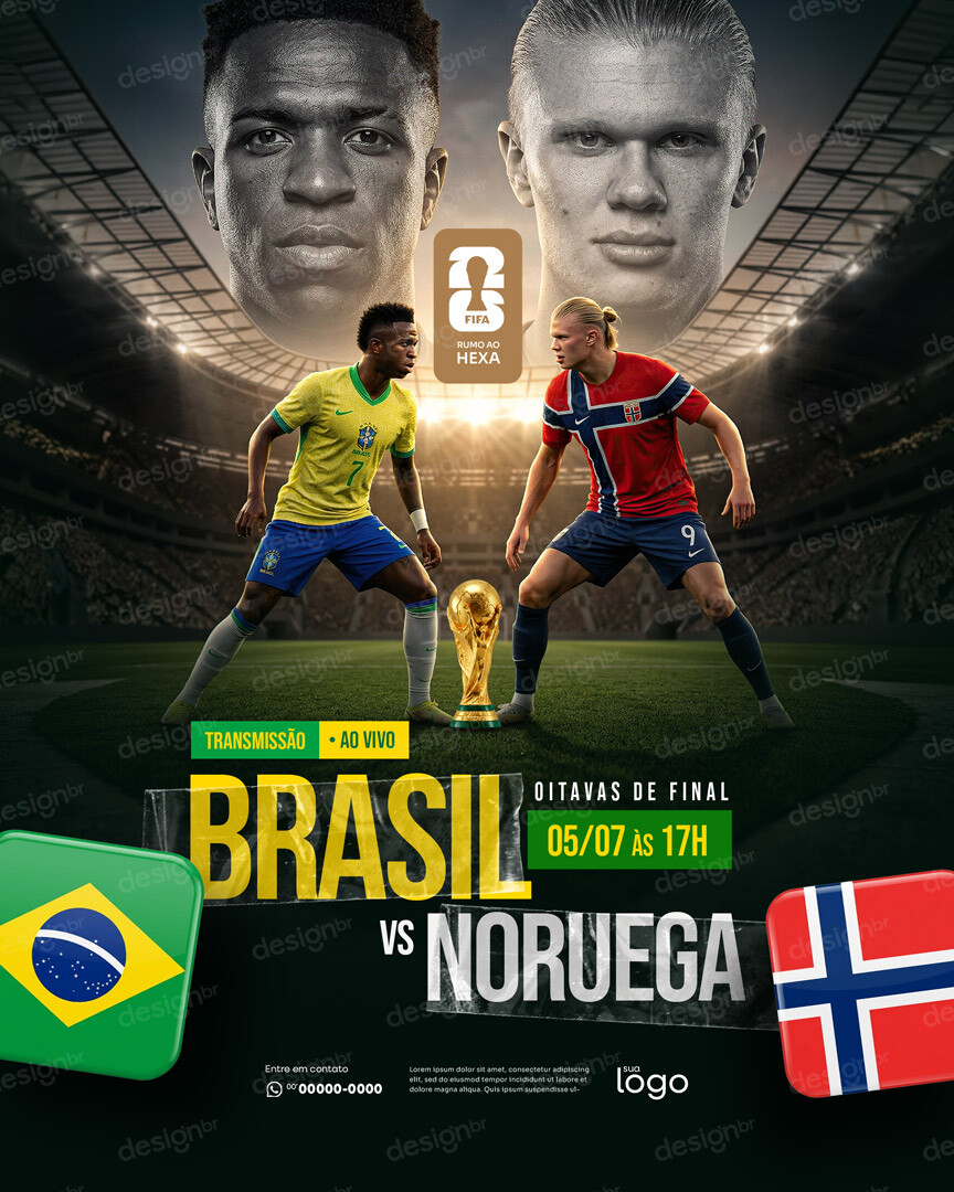 Hoje é dia de Jogo Transmissão Ao Vivo Copa do Mundo Oitavas de Final Brasil x Noruega Flyer PSD Editável Hoje é dia de Jogo Transmissão Ao Vivo Copa do Mundo Oitavas de Final Brasil x Noruega Flyer PSD Editável - Social Media -...